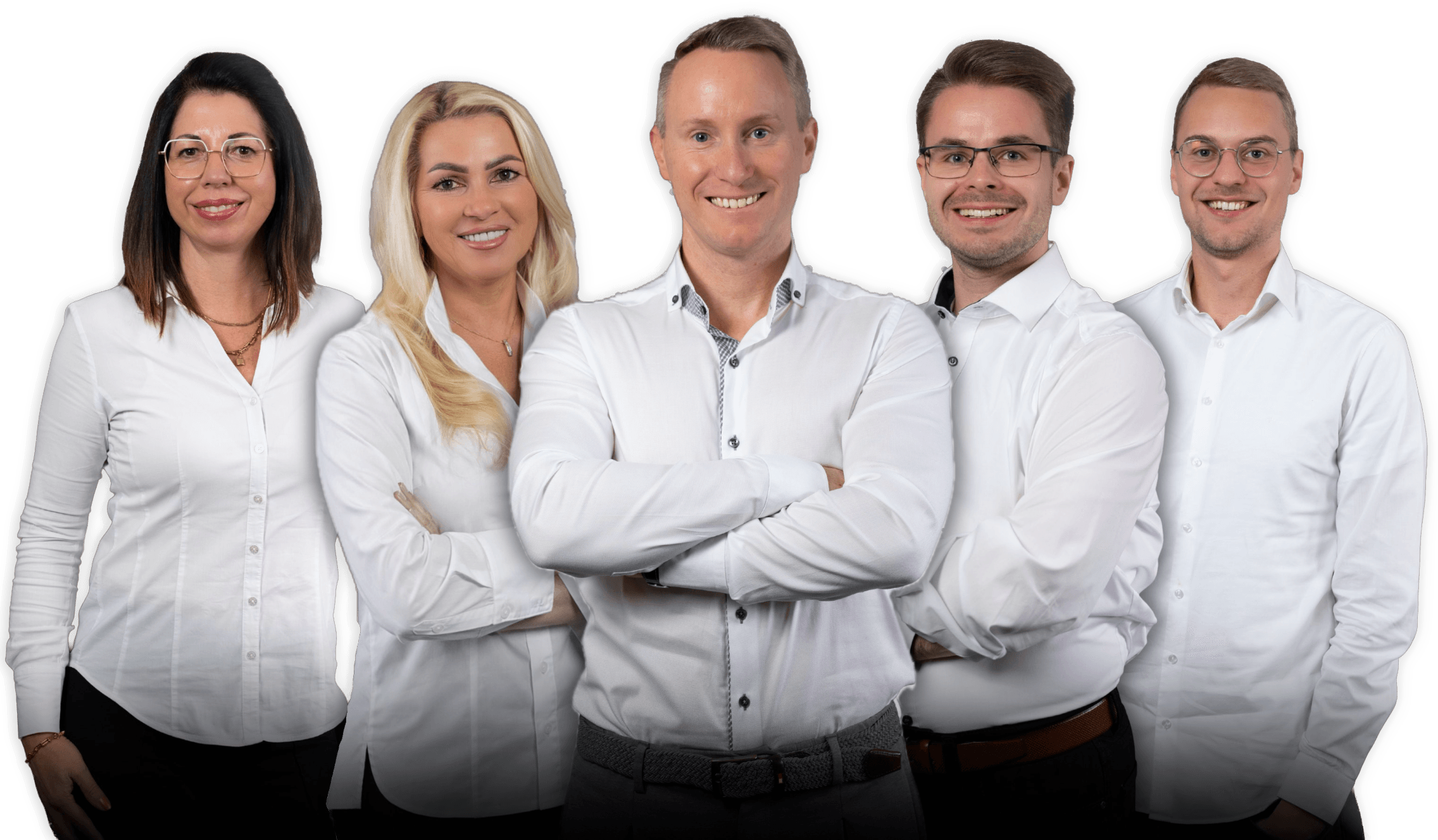 Matthias Reichwein mit dem Kernteam von MR Steuerberatung — fünf Personen in weißen Hemden vor schwarzem Bühnenraum.